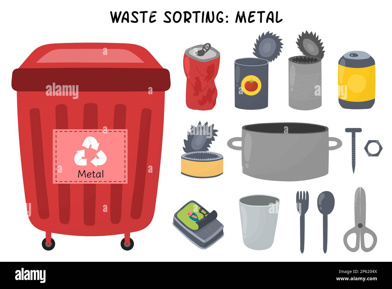 Set di smistamento rifiuti metallici. Cestino rosso per rifiuti di alluminio con lattine Illustrazione Vettoriale