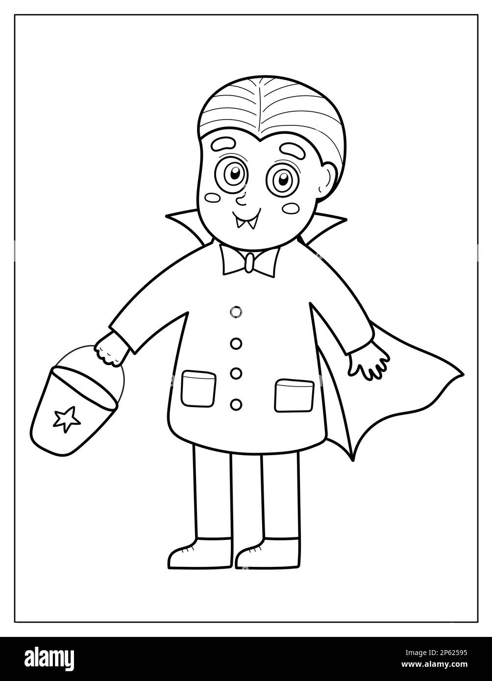 Pagina da colorare di Halloween con un ragazzo carino vampiro. Trucco o trattare il bambino in costume Dracula Illustrazione Vettoriale
