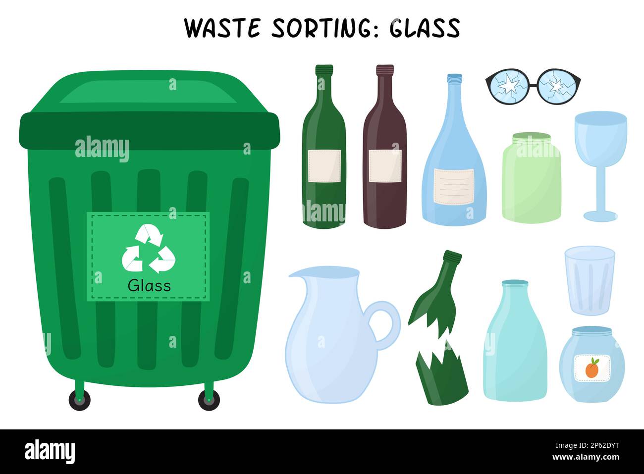 Set di smistamento rifiuti in vetro. Cestino verde per rifiuti di vetro con bottiglie e stoviglie Illustrazione Vettoriale