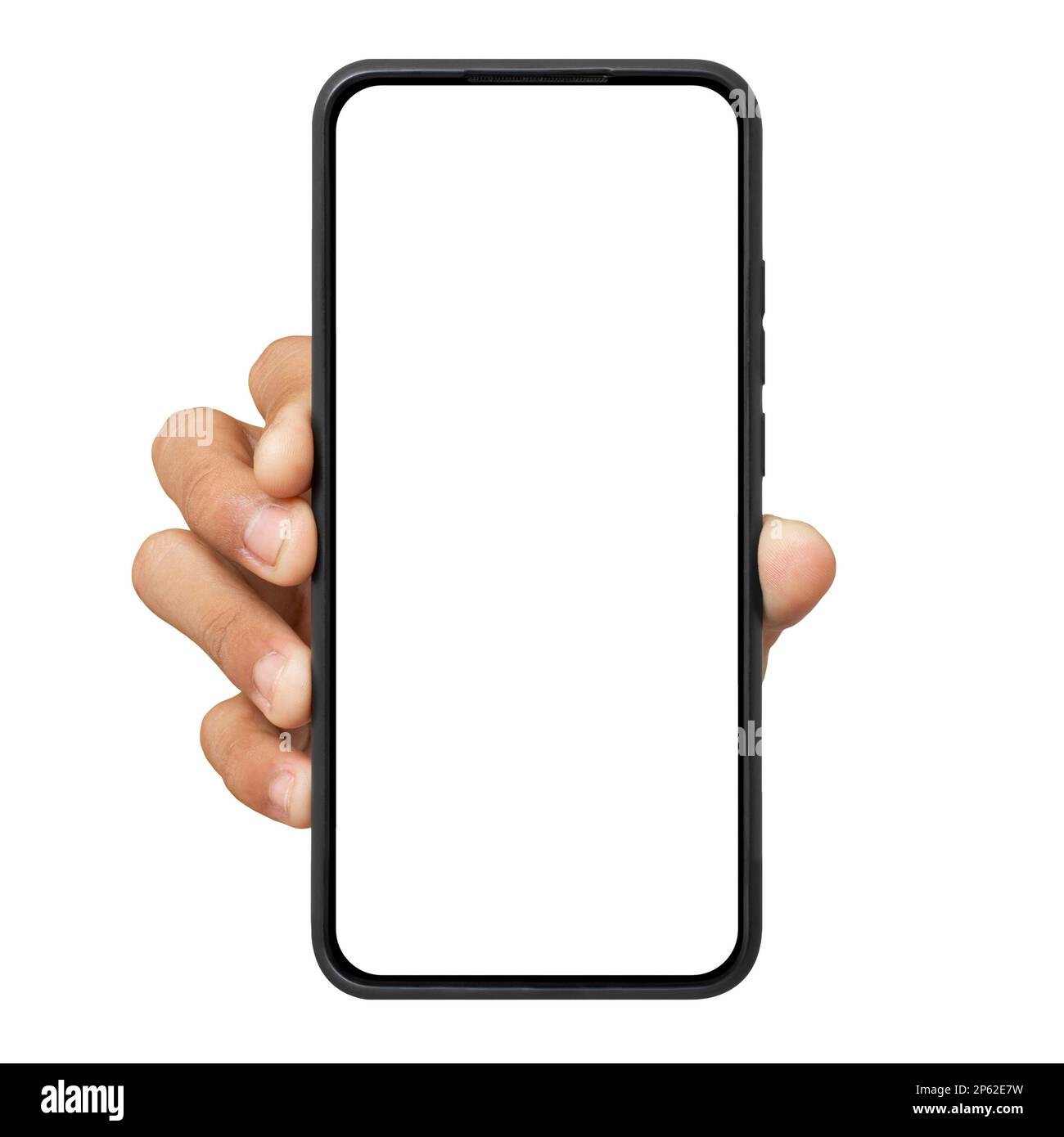 smartphone nero con mano e schermo bianco isolato su sfondo bianco Foto Stock