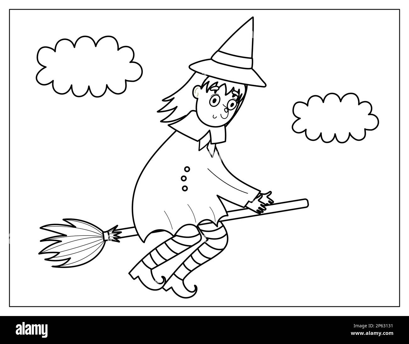 Pagina di colorazione di Halloween con una strega carina che vola sulla scopa Illustrazione Vettoriale