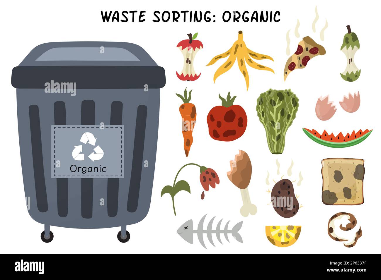 Set di smistamento rifiuti organici. Cestino grigio può per spreco organico con frutta marcio Illustrazione Vettoriale