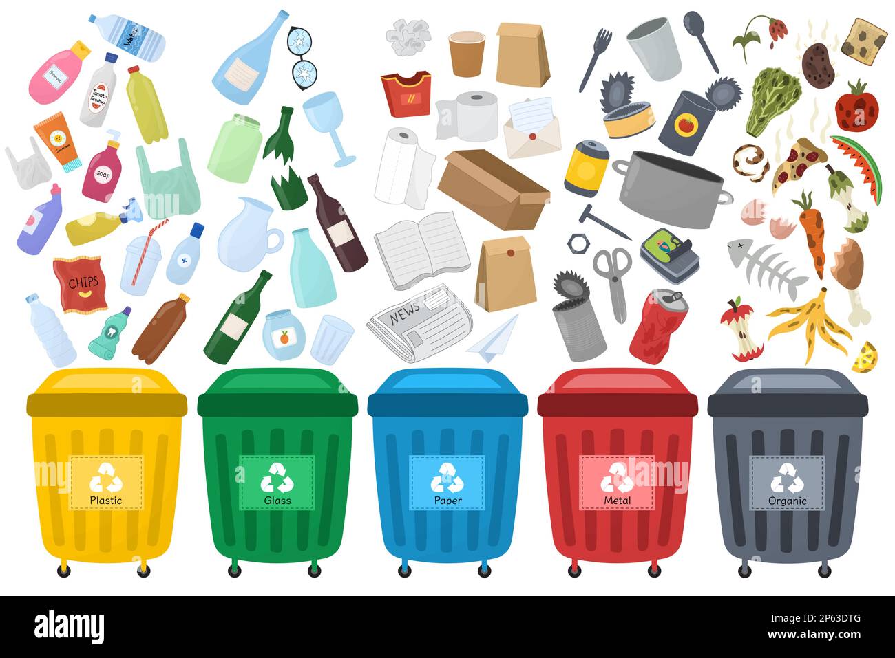 Set di smistamento rifiuti con contenitori per riciclaggio. Raccolta rifiuti con contenitori di diversi colori Illustrazione Vettoriale