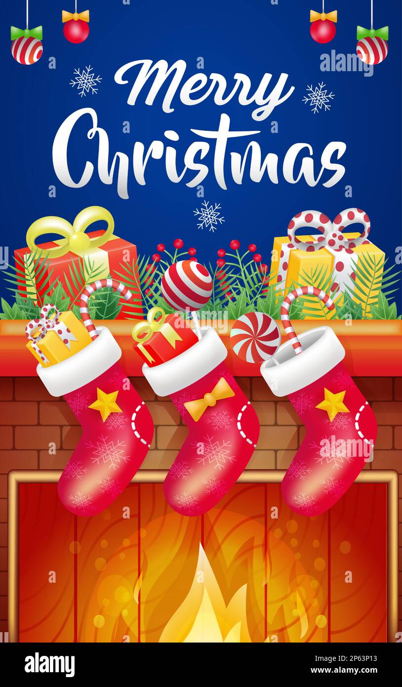 Buon Natale. 3d immagine di calze rosse, regali, dolci e falò in calda atmosfera Illustrazione Vettoriale