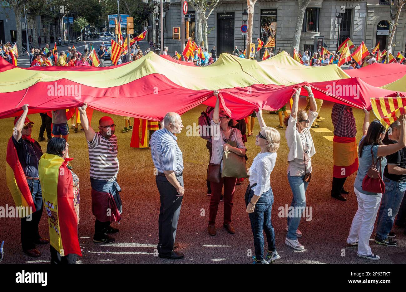 I manifestanti catalani anti-indipendenza portano la bandiera spagnola durante una manifestazione per l'unità della Spagna in occasione della Giornata Nazionale Spagnola a P. Foto Stock