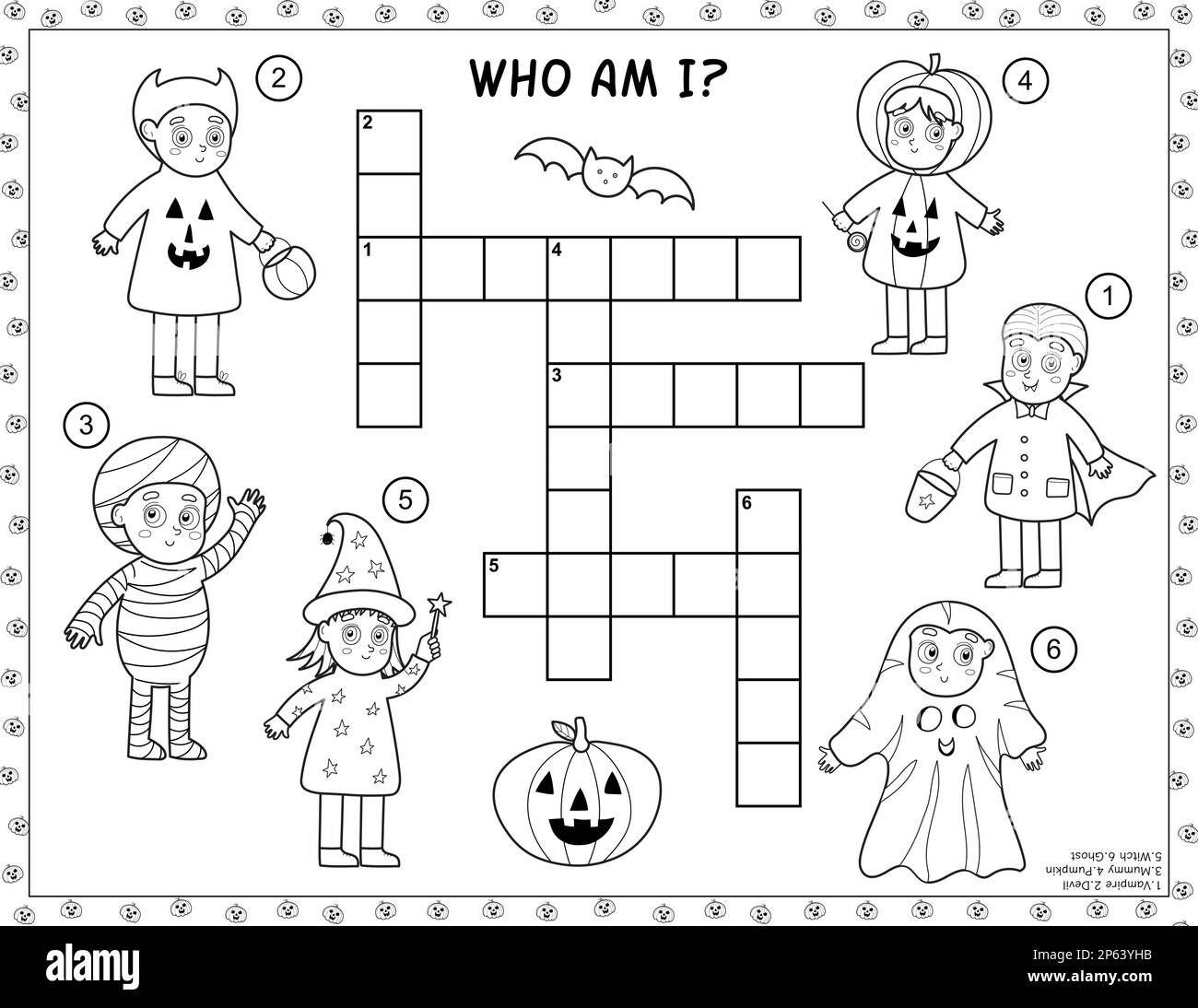 Crossword di Halloween bianco e nero con bambini carini Illustrazione Vettoriale