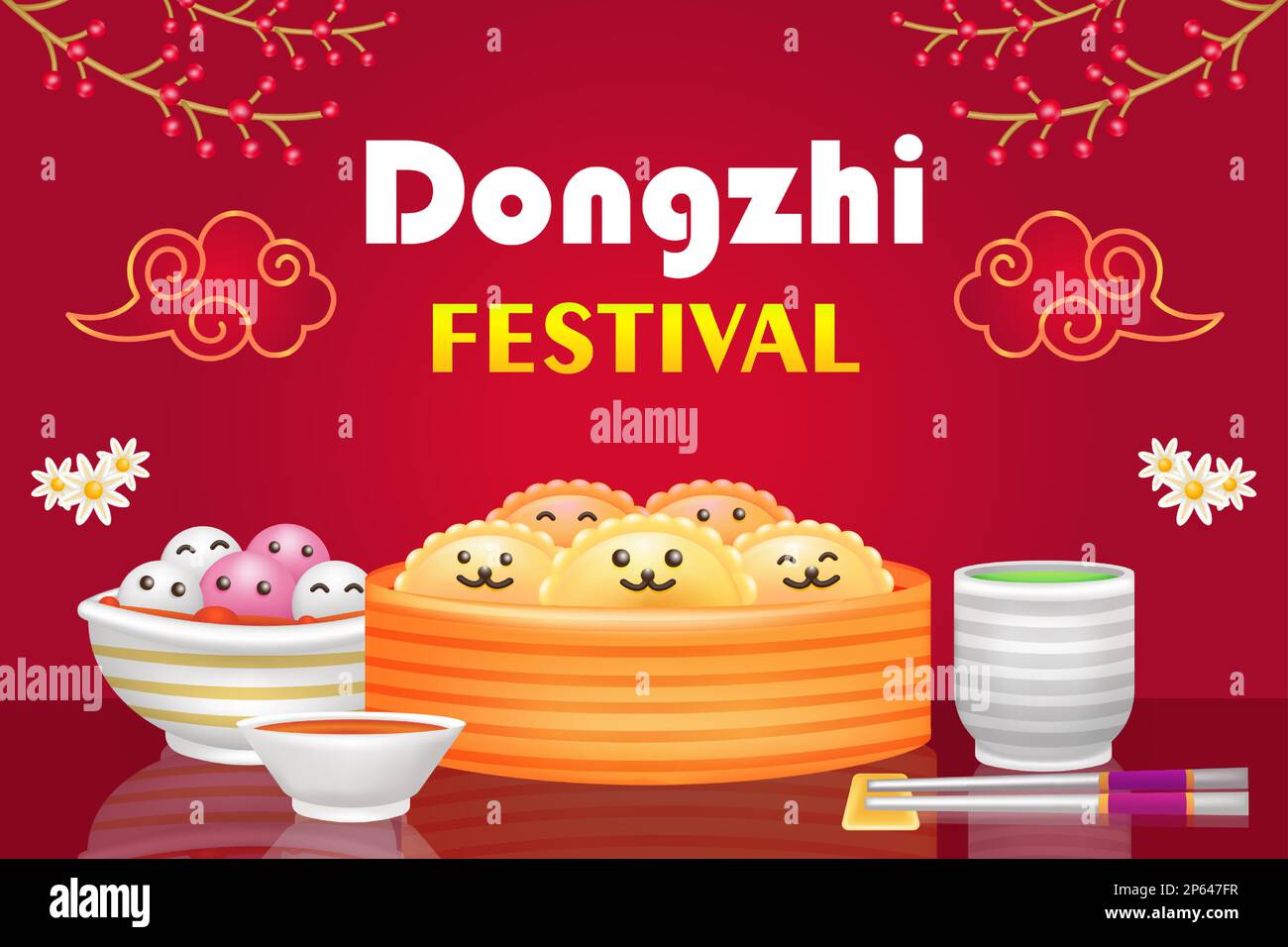 Dongzhi Festival. Gnocchi e tè verde 3D illustrazione Illustrazione Vettoriale