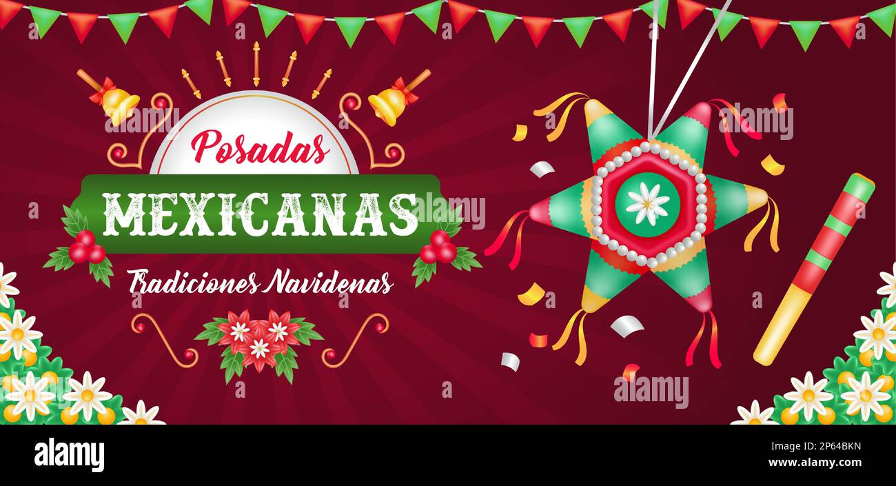 Posadas Mexicanas. 3d illustrazione dei festeggiamenti che rompono una piñata con un bastone Illustrazione Vettoriale