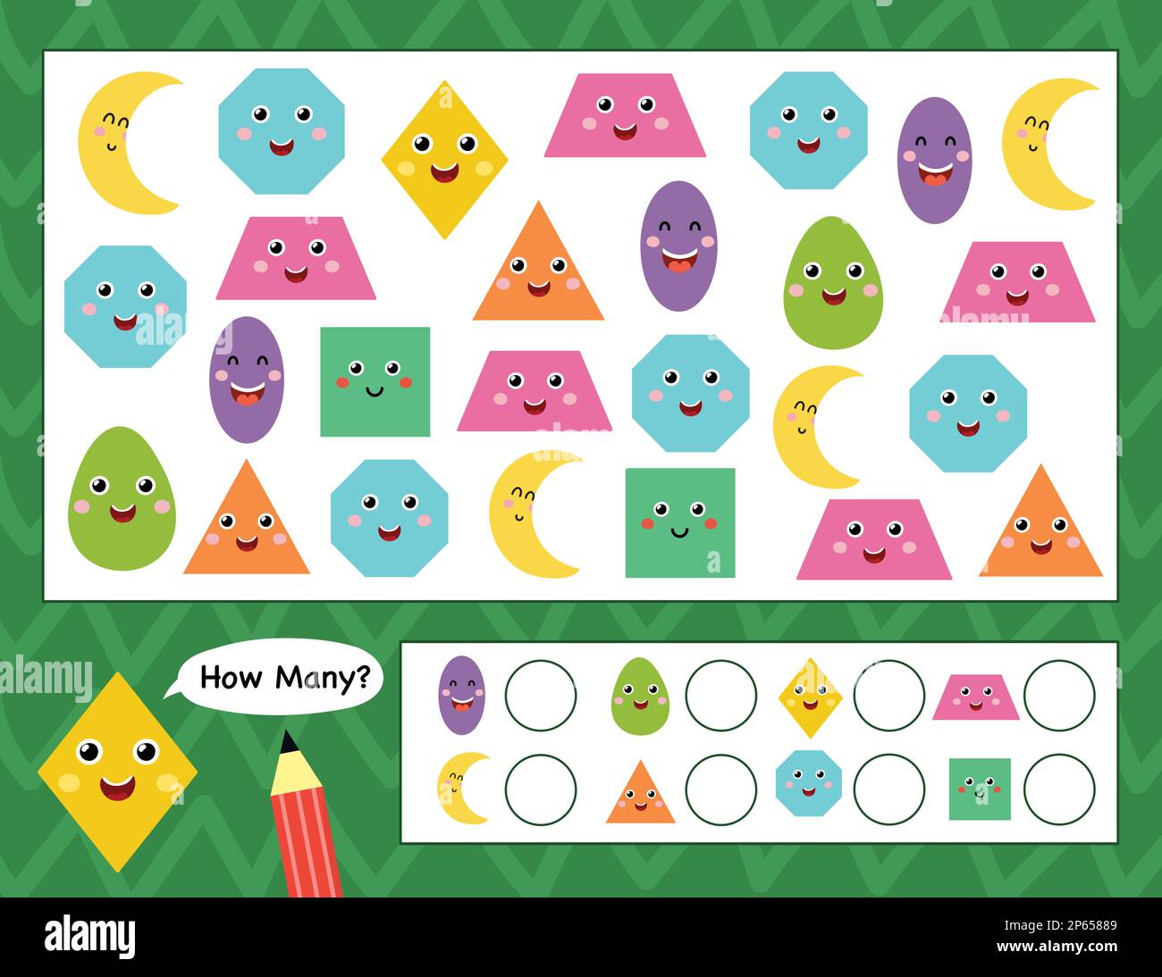 Quante forme pagina di attività per i bambini. Contare le forme e scrivere Illustrazione Vettoriale