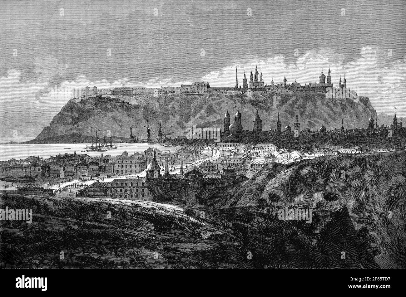 Vista iniziale di Tobolsk alla confluenza dei fiumi Tobol e Irtysh, Tyumen Oblast Siberia Russia. Vintage Engraving o Illustrazione 1862 Foto Stock