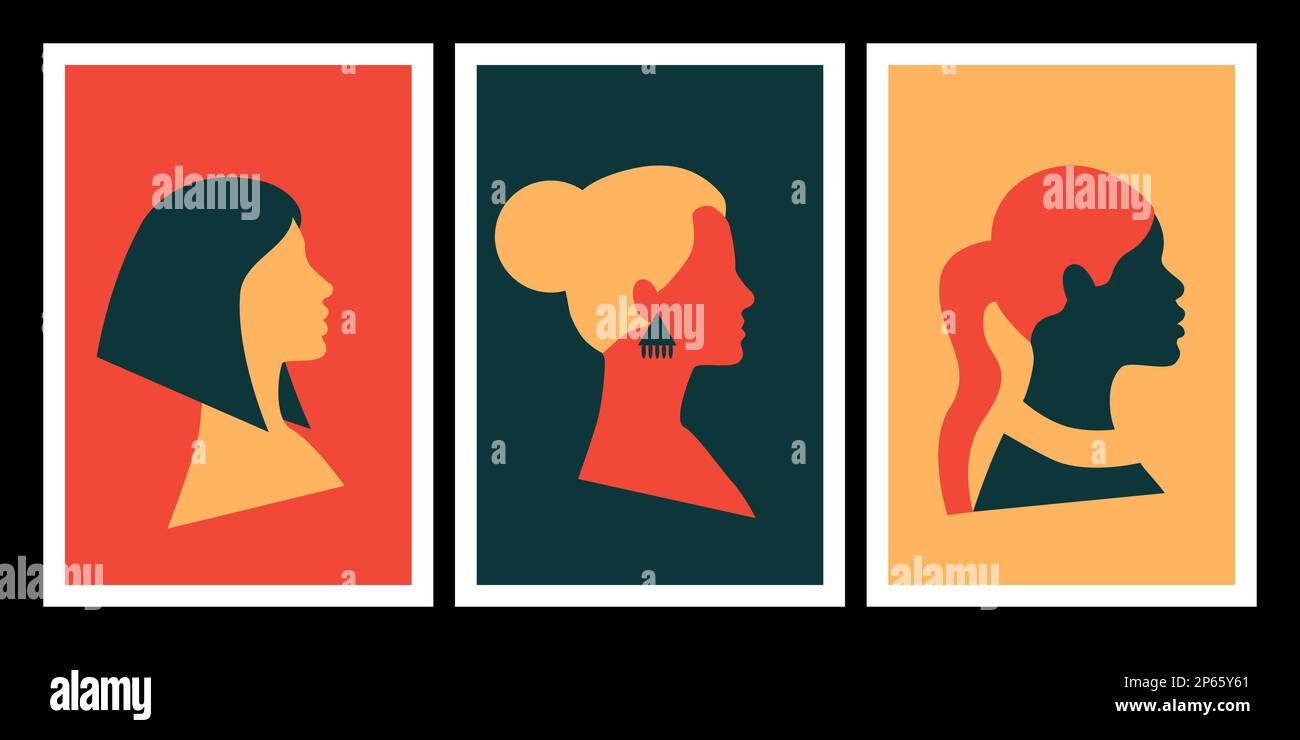 Set di poster astratti per le donne. Stile boho minimal. Ritratti femminili diversi. Silhouette della testa. Collezione vintage. Giornata femminile internazionale, allyship. Illustrazione vettoriale. Illustrazione Vettoriale