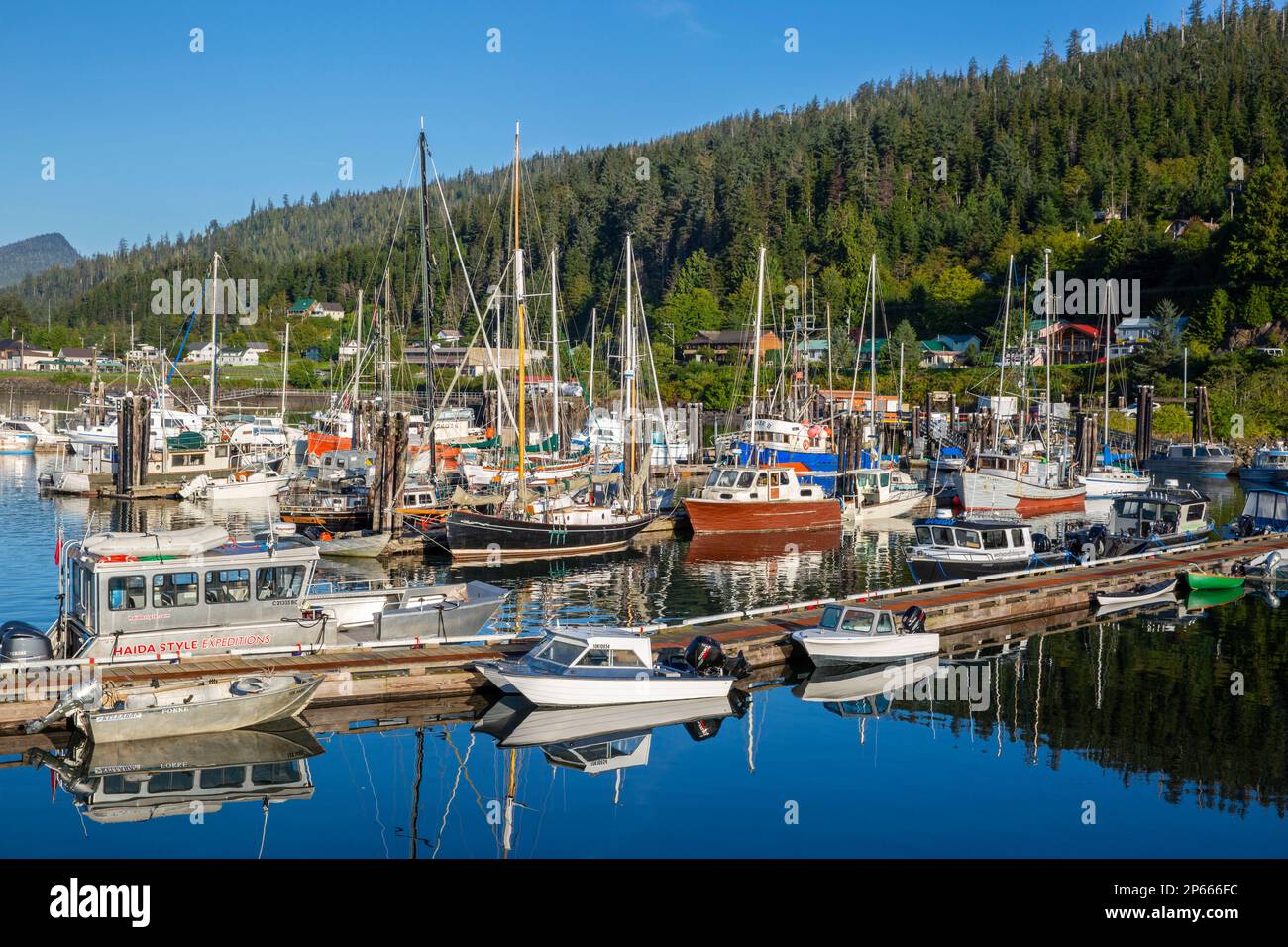 Il porto nel villaggio di Queen Charlotte, Graham Island (Haida Gwaii), British Columbia, Canada, Nord America Foto Stock