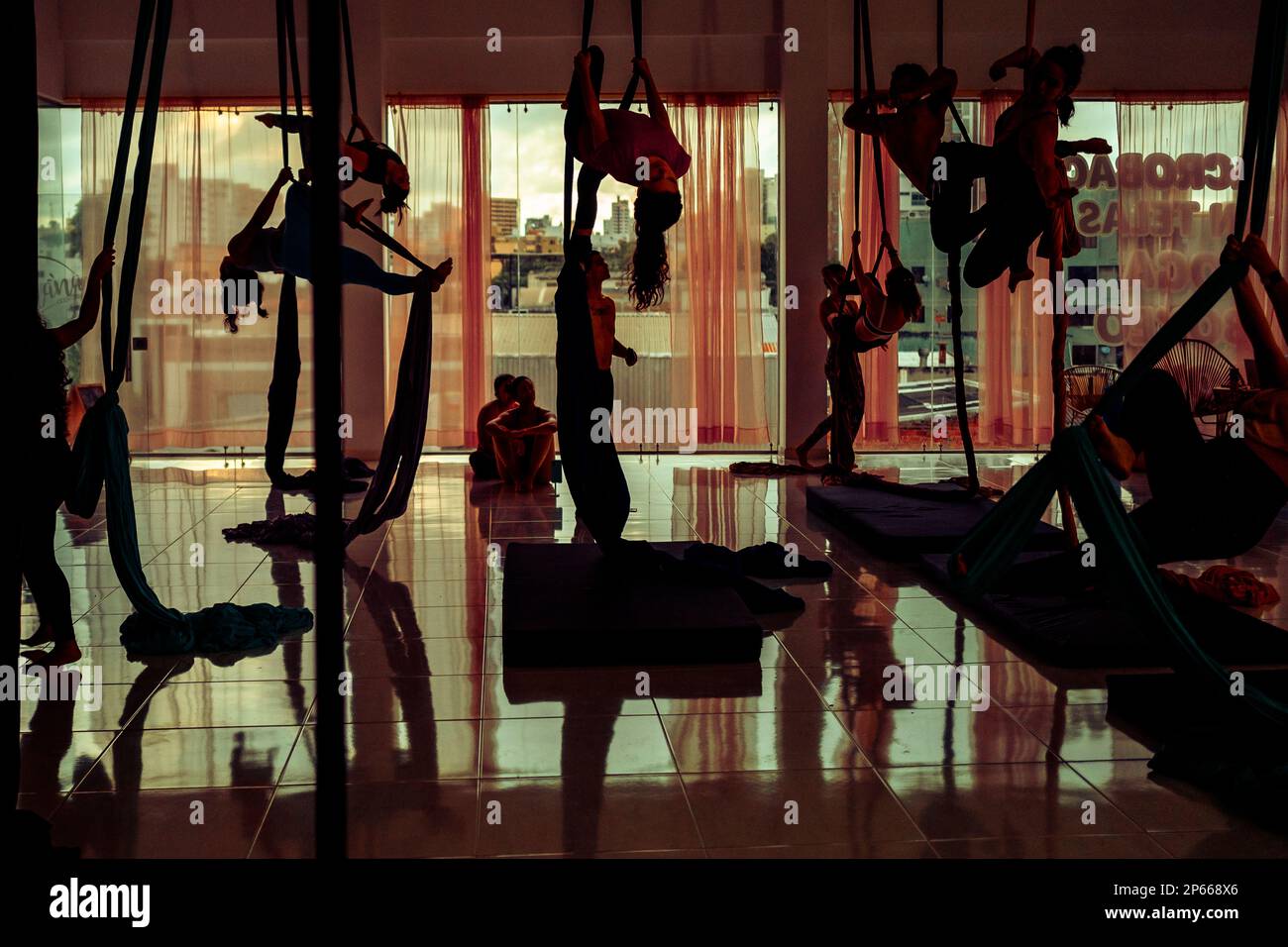 I ballerini aerei colombiani si esibiscono sulle sete aeree durante una sessione di allenamento nella palestra Oshana di Barranquilla, Colombia. Foto Stock