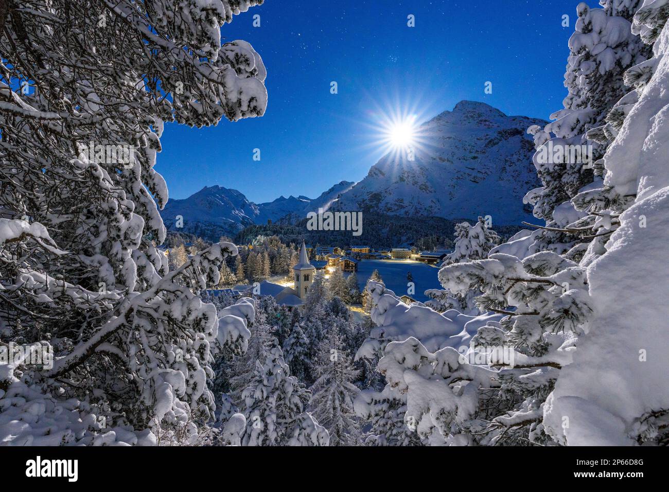 La luna che risplenda sul campanile innevato di Chiesa Bianca e i boschi d'inverno, Maloja, Bregaglia, Engadina, Cantone di Graubunden, Svizzera, Europa Foto Stock