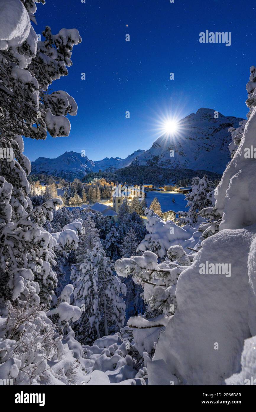 Alberi congelati ricoperti di neve sulle montagne sopra la Chiesa Bianca illuminata dalla luna, Maloja, Bregaglia, Engadina, Cantone di Graubunden, Svizzera, Europa Foto Stock