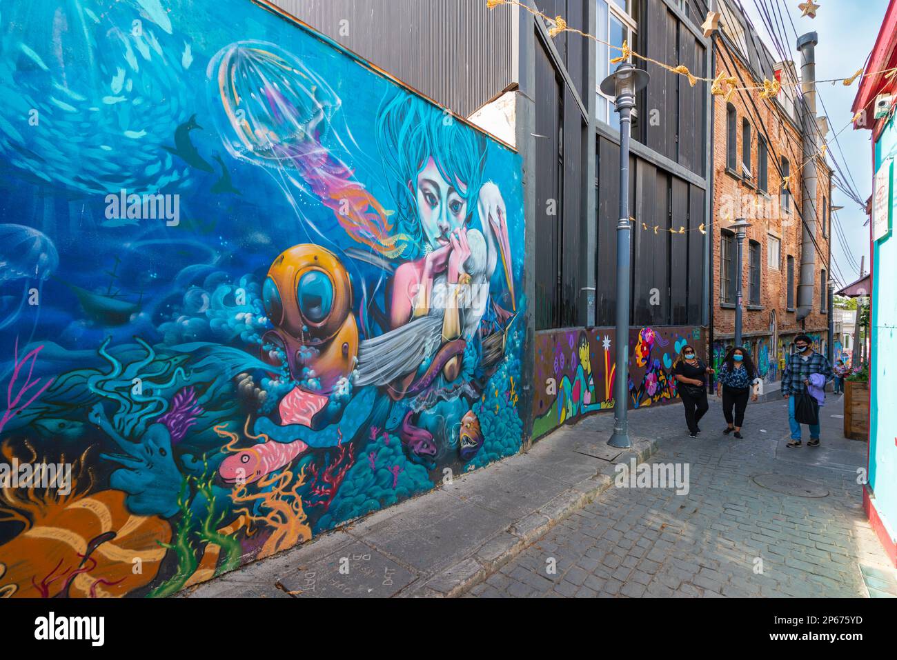 Murale dipinto di casa residenziale, Cerro Alegre, Valparaiso, Cile, Sud America Foto Stock