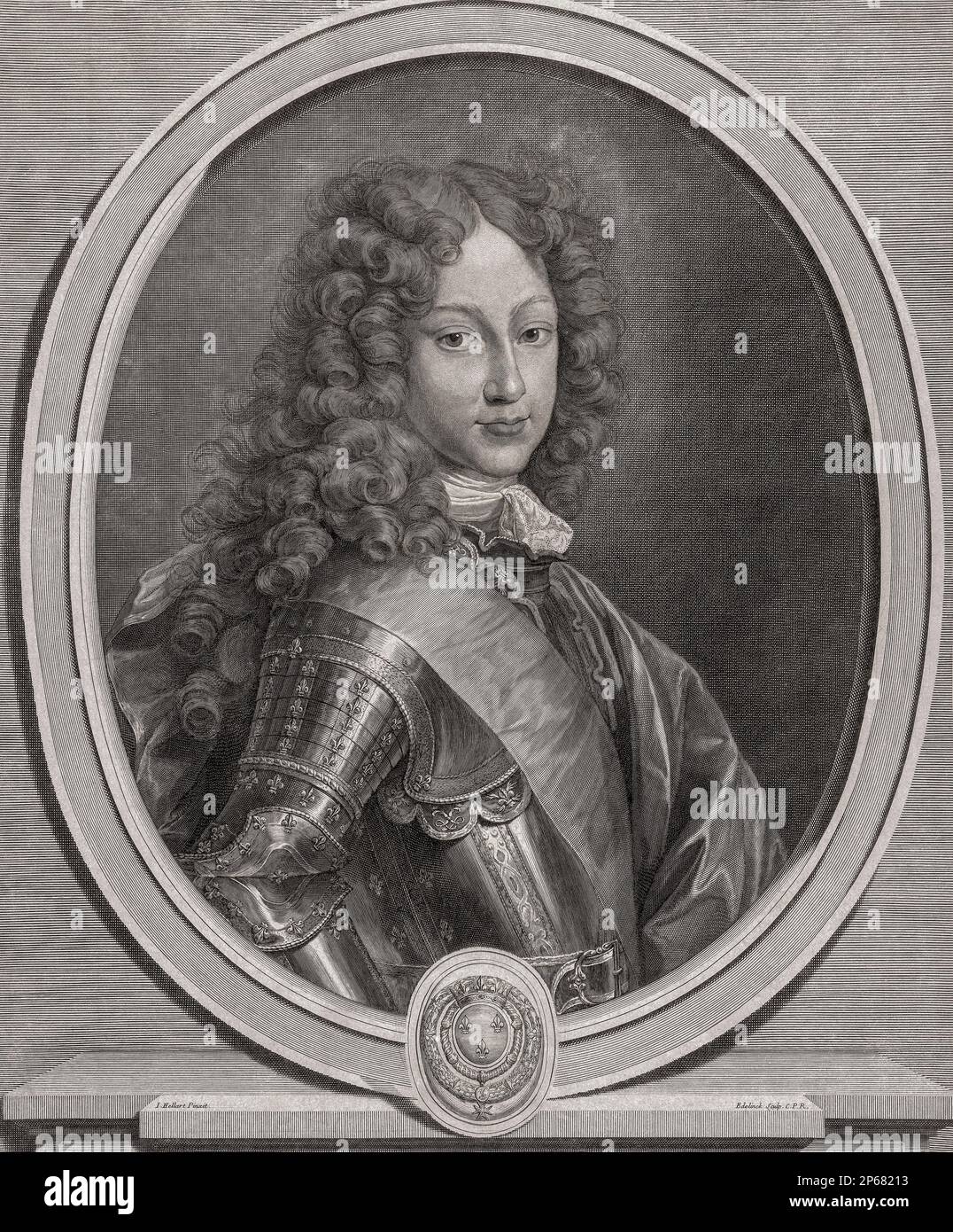 Luigi, Duca di Borgogna, 1682-1712, figlio maggiore di Luigi, Gran Delfino, e nipote del re Luigi XIV di Francia. Era conosciuto per i suoi successi militari e fu pronto a diventare il re successivo prima della sua morte prematura all'età di 29 anni. Da una stampa di Gérard Edelinck dopo l'opera di Jacques Hellart. Foto Stock