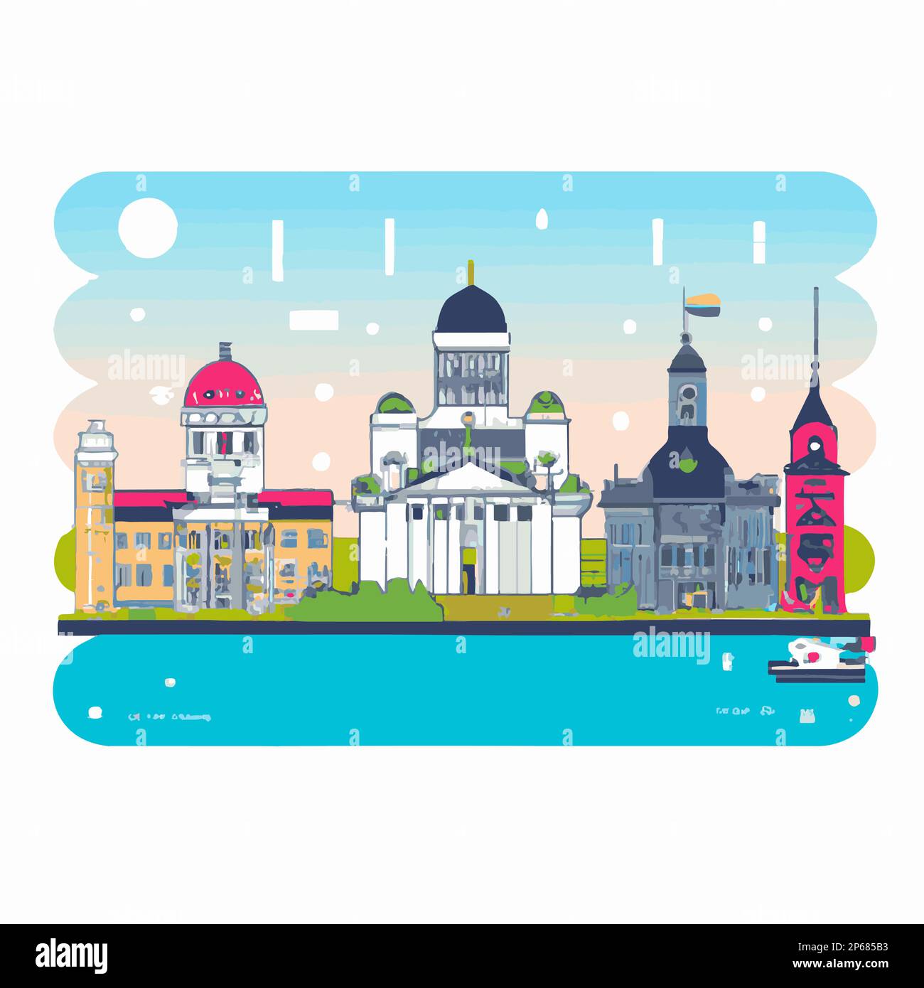 Helsinki, Finlandia Travel Skyline. Illustrazione grafica vettoriale fatta a mano. Illustrazione Vettoriale