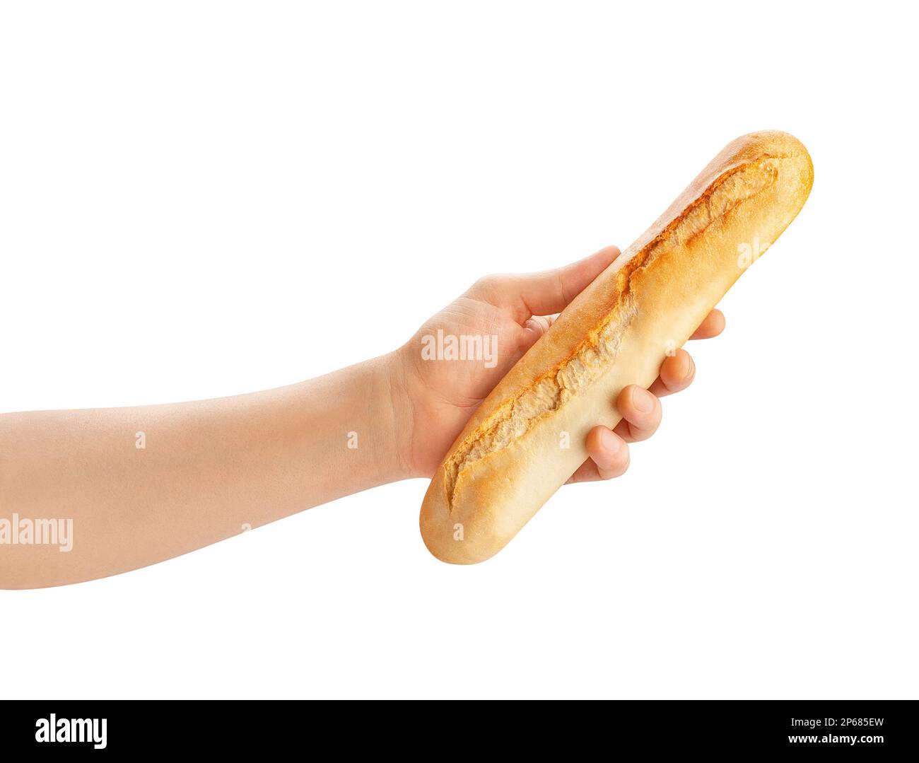 baguette in mano percorso isolato su bianco Foto Stock