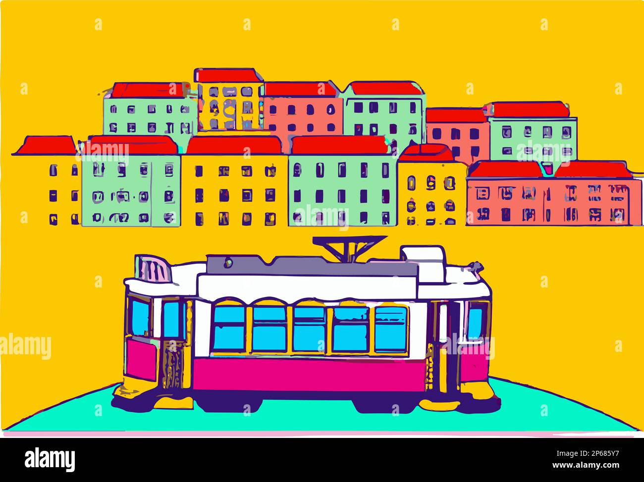 Lisbona, Portugal City Skyline e Tram. Illustrazione grafica vettoriale fatta a mano. Illustrazione Vettoriale