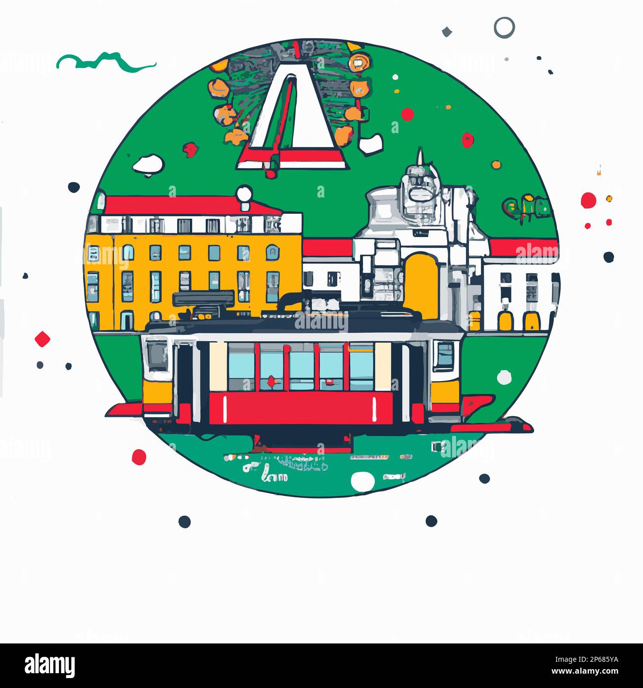 Lisbona, Portugal City Skyline e Old Tram . Illustrazione grafica vettoriale fatta a mano. Illustrazione Vettoriale