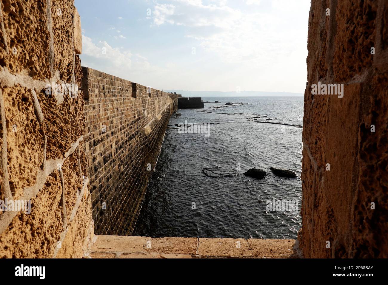 Mura marine della città vecchia di Akko (Acre), Israele, Medio Oriente Foto Stock