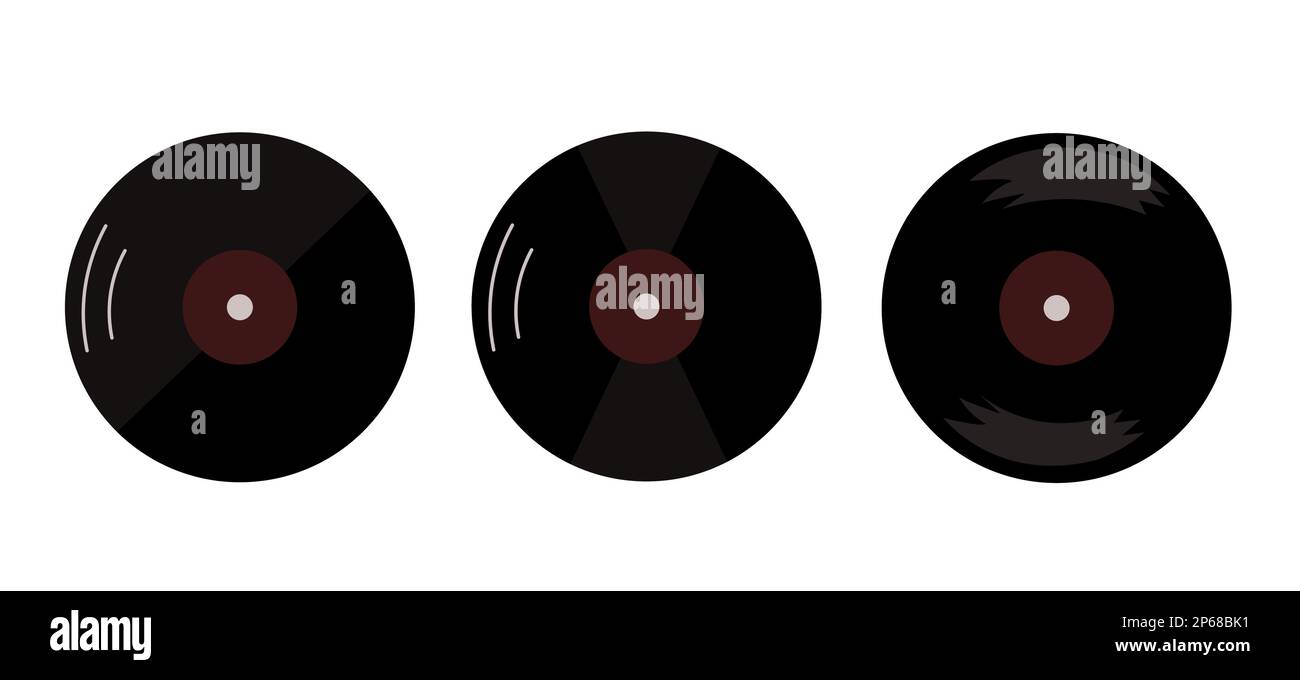 Set di piastre in vinile in plastica di colore nero. Dischi audio in stile retrò vintage. Illustrazione Vettoriale