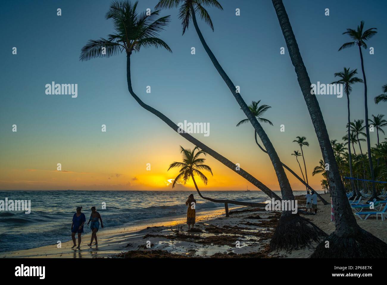 Vista del mare, della spiaggia e delle palme all'alba, Bavaro Beach, Punta Cana, Repubblica Dominicana, Indie Occidentali, Caraibi, America Centrale Foto Stock