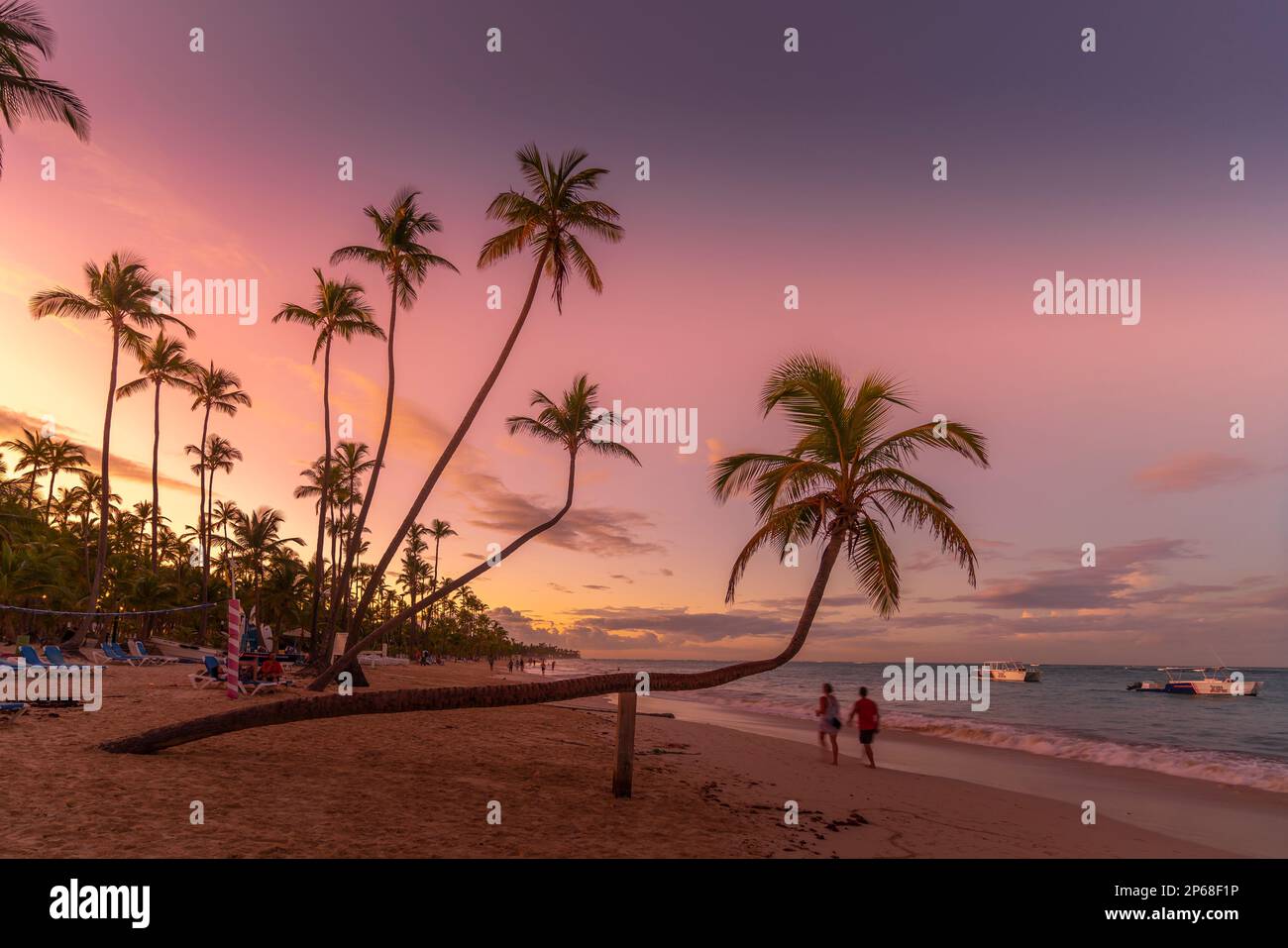 Vista delle palme e del mare a Bavaro Beach al tramonto, Punta Cana, Repubblica Dominicana, Indie Occidentali, Caraibi, America Centrale Foto Stock