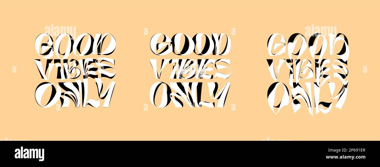 Buona vibes solo psichedelico lettering logo set. Collezione di adesivi in stile hippie pazzo. Groovy vibe citazione hippy badge modelli di design. Illustrazione del vettore logotipo a Y2K frasi intrecciata, ondulata e fusa Illustrazione Vettoriale