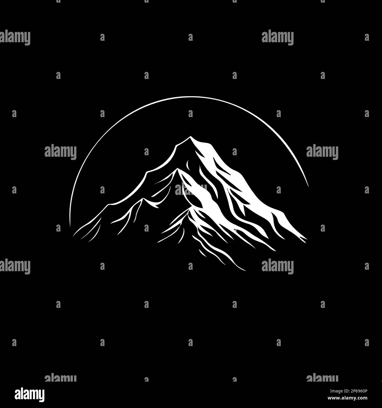 Modello minimalistico con logo, icona bianca con silhouette di montagna su sfondo nero, moderno logo per l'identità aziendale, stampa t-shirt Illustrazione Vettoriale