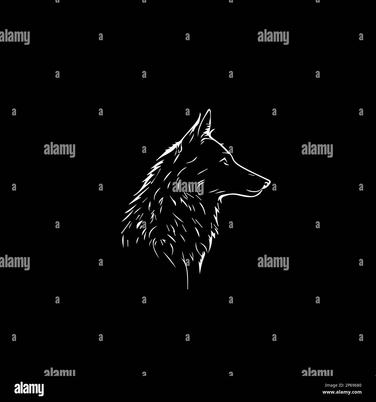 Modello minimalistico con logo, icona bianca con silhouette a lupo su sfondo nero, moderno logo per l'identità aziendale, stampa t-shirt Illustrazione Vettoriale