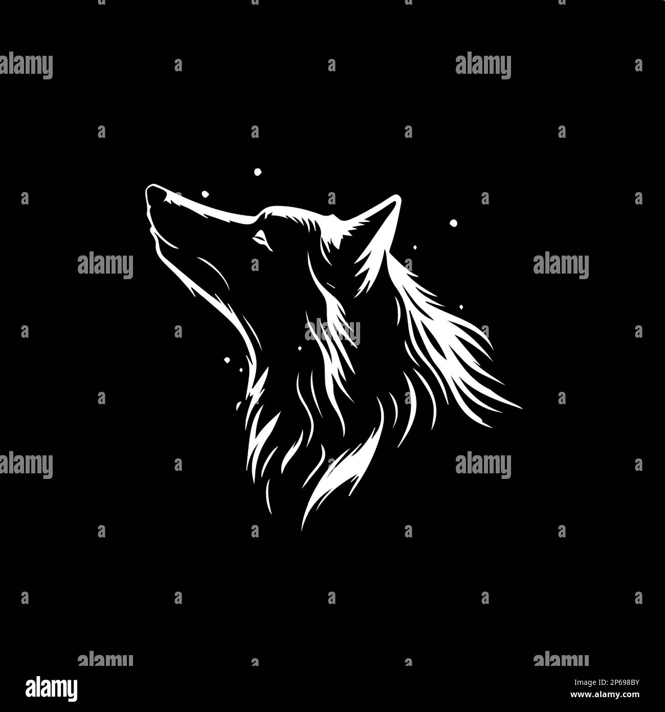 Modello minimalistico con logo, icona bianca con silhouette a lupo su sfondo nero, moderno logo per l'identità aziendale, stampa t-shirt Illustrazione Vettoriale