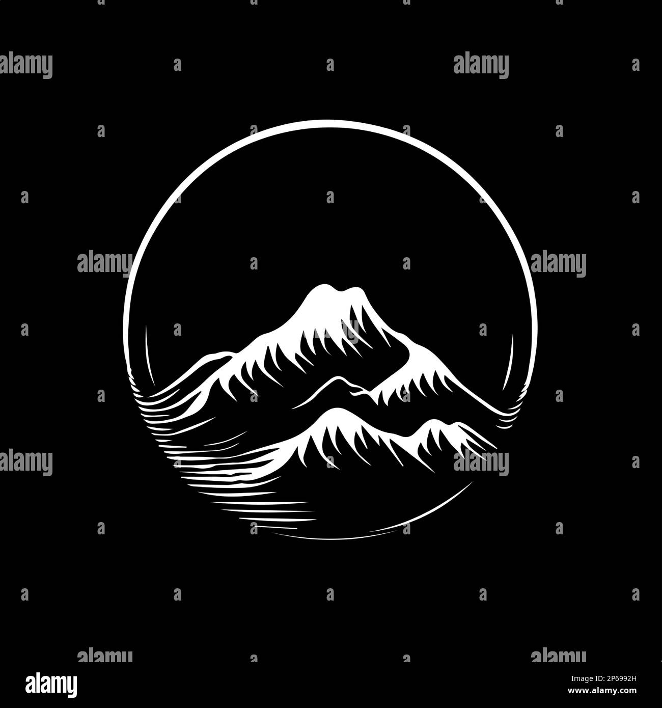 Modello minimalistico con logo, icona bianca con silhouette di montagna su sfondo nero, moderno logo per l'identità aziendale, stampa t-shirt Illustrazione Vettoriale