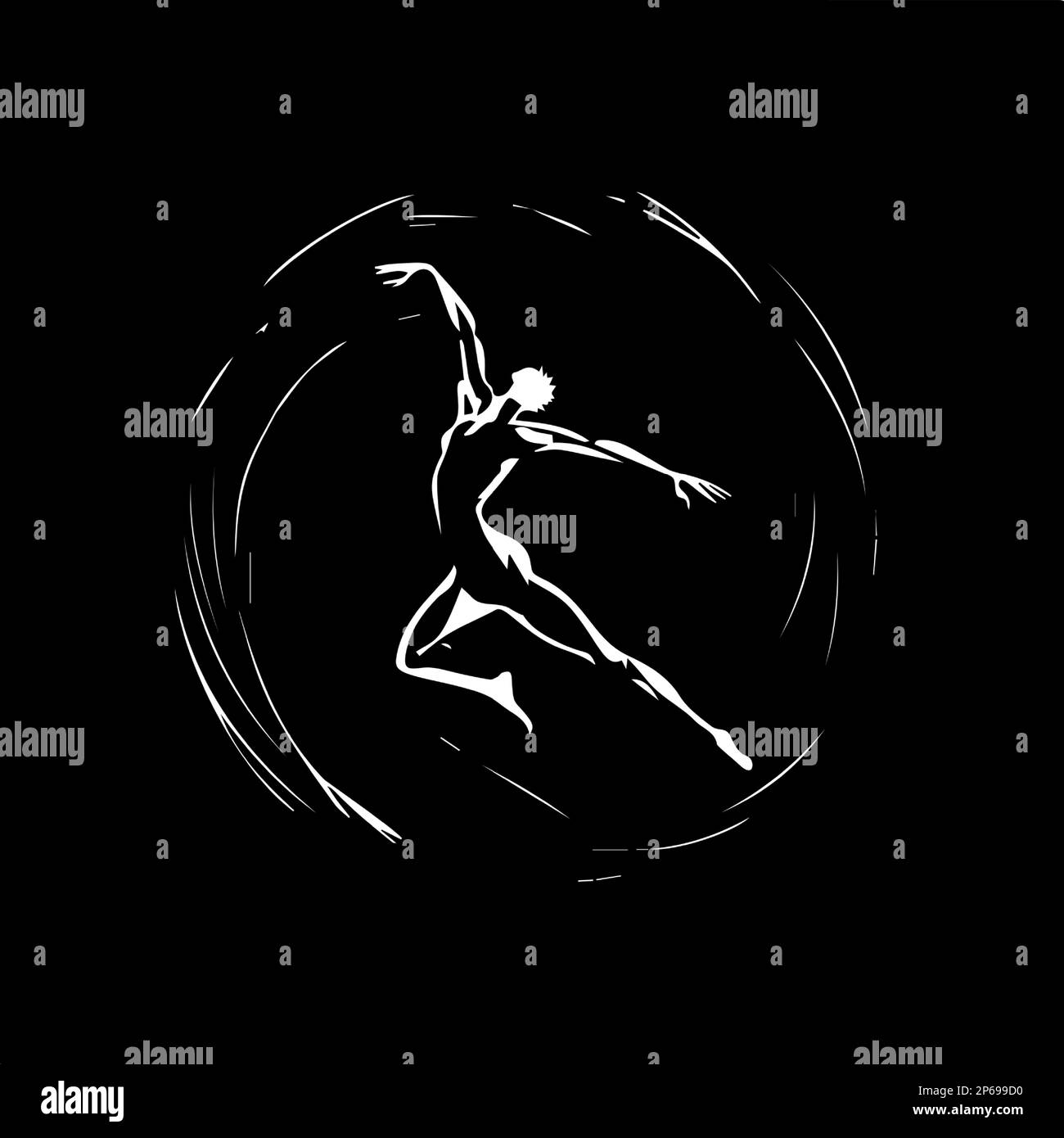 Modello minimalistico con logo, icona bianca con silhouette ginnastica su sfondo nero, moderno logo per l'identità aziendale, stampa t-shirt Illustrazione Vettoriale