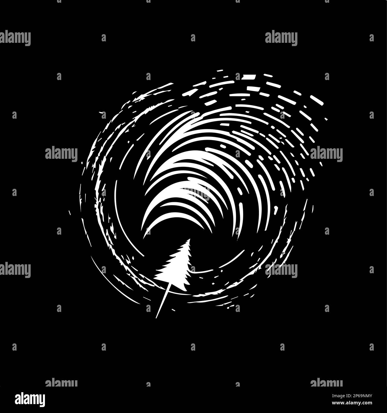 Modello minimalistico con logo, icona bianca con silhouette in uragano su sfondo nero, moderno logo concept per l'identità aziendale, stampa t-shirt Illustrazione Vettoriale