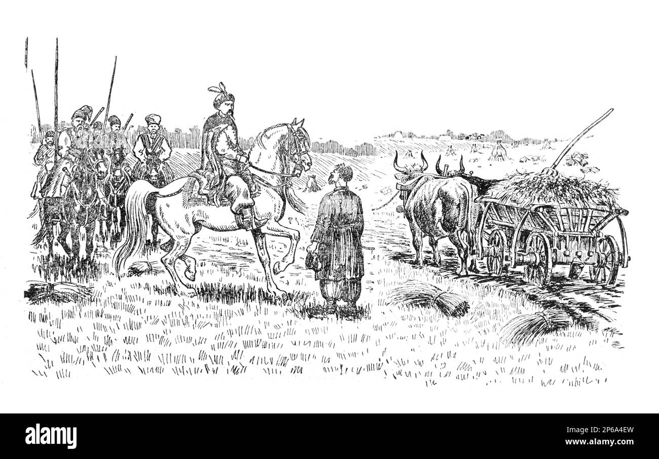 Illustrazione dal libro Bohdan Khmelnytskyi, M. Starytskyi. CIRCA 1647: Conversazione di Bohdan Khmelnytsky con un contadino sulla sua vita. Dietro il Foto Stock