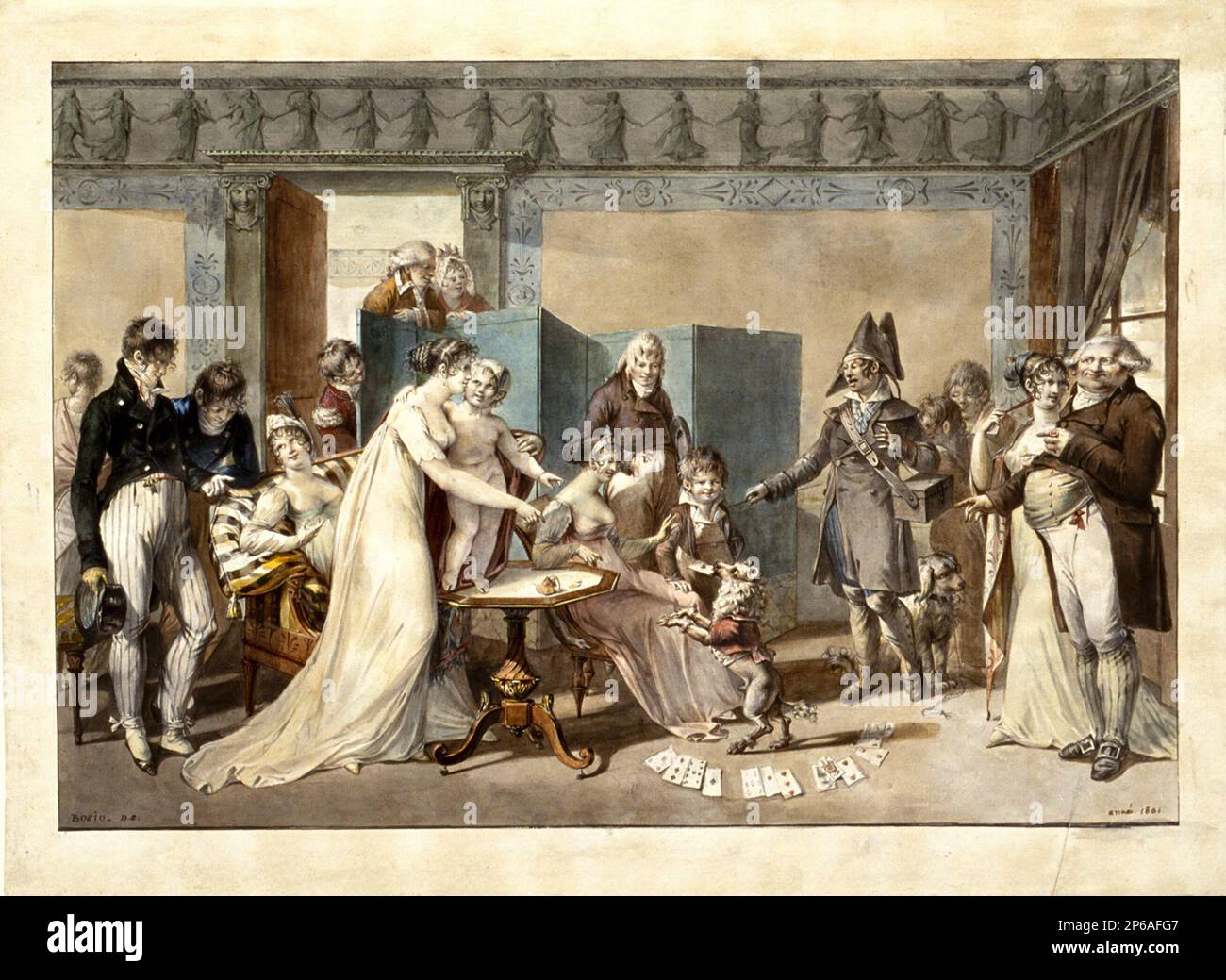 Jean Francis Bosio, un salon parisien en 1801, 1801, acquerello su carta bianca. Foto Stock