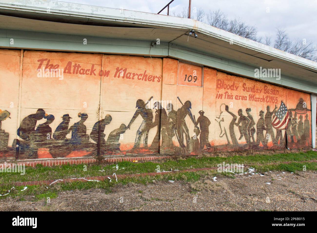 Marzo 3, 2014. Selma, Alabama. Ponte Edmund Pettus, monumenti dei diritti civili, murale della domenica sanguinante, Amelia Boynton Robinson e Monumento Marie Foster, Foto Stock