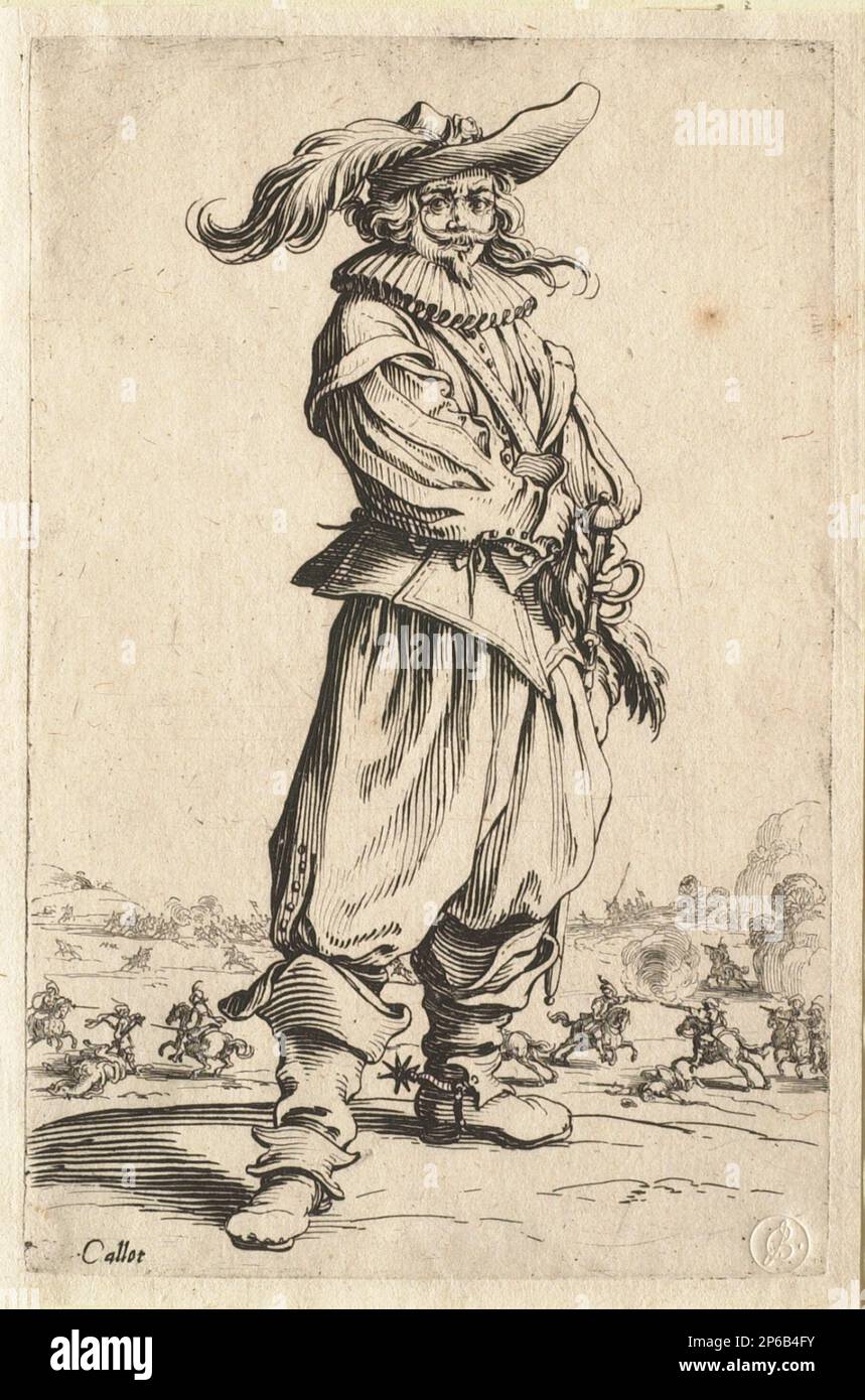 Jacques Callot, la Noblesse: Le guerrier au chapeau orné d'une grande Plume, 1602–1635, incisione su carta. Foto Stock