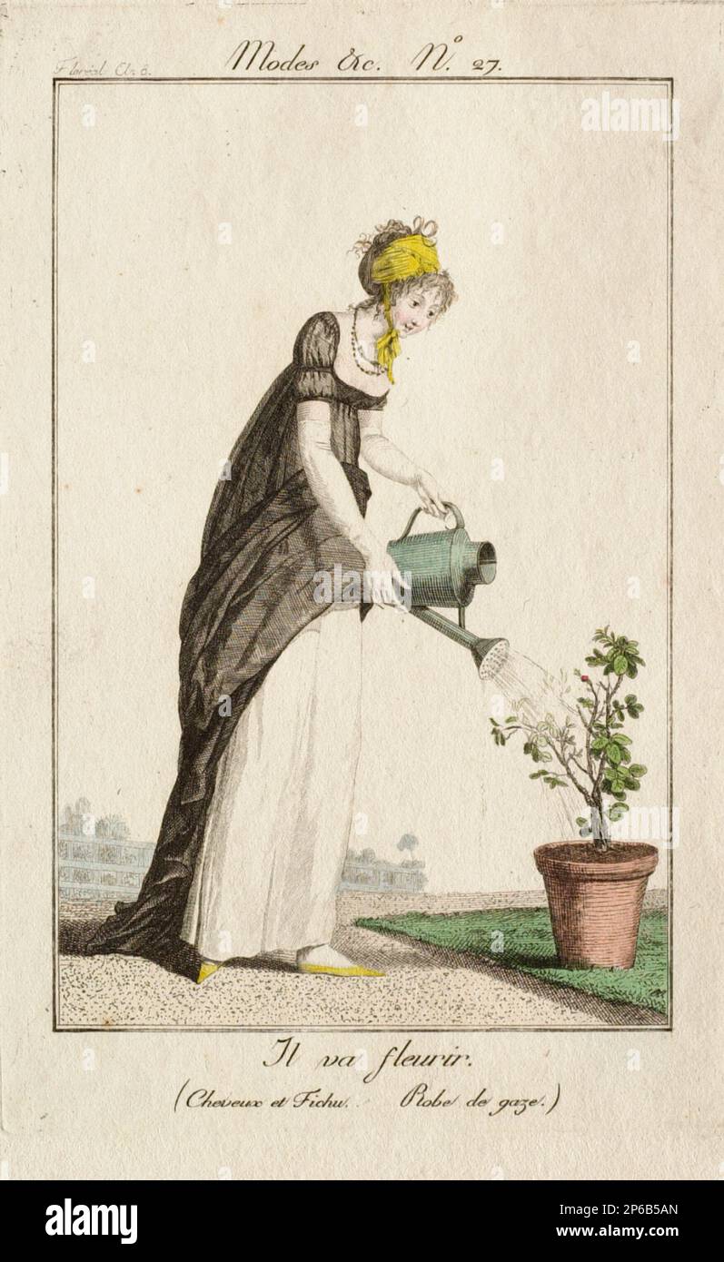 Philibert-Louis Debucourt, Modes et Manières n° 27: Il va fleurir (Cheveux et Fichu. Robe de sguardo.), 1800, incisione colorata a mano su carta. Foto Stock
