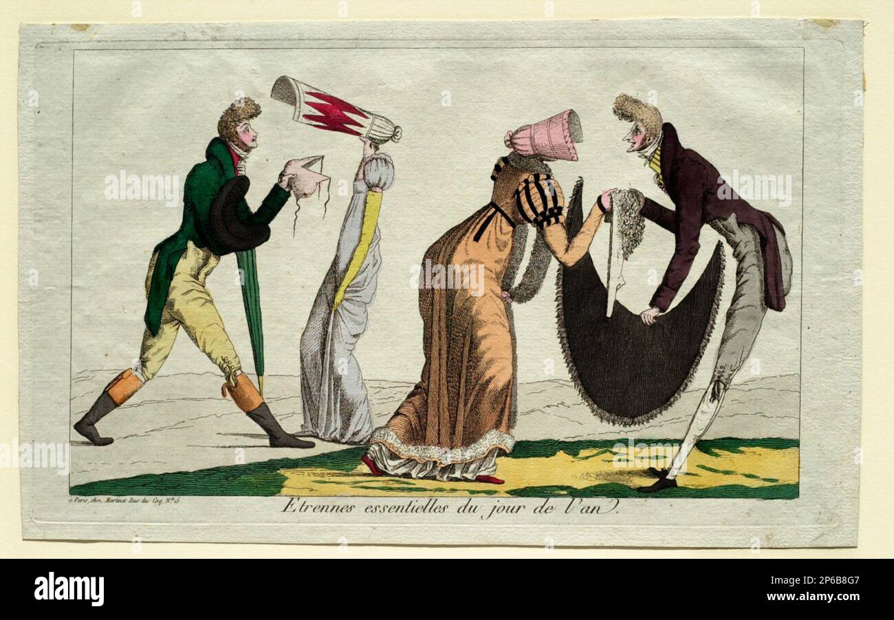 Sconosciuto, Etrennes essentielles du jour de l'an, 1700–1899, incisione colorata a mano su carta. Foto Stock