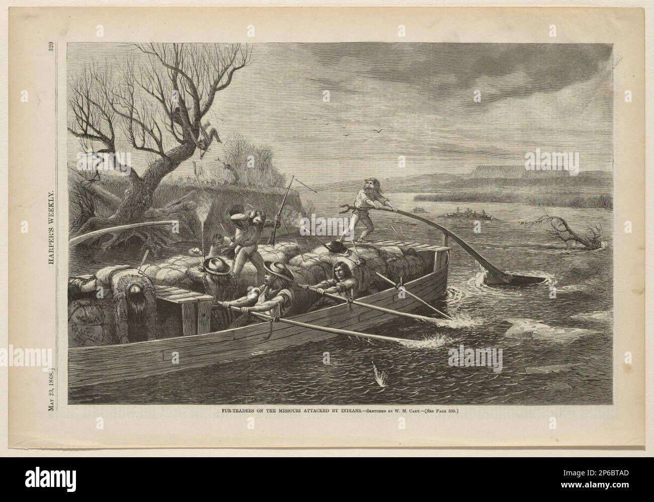 William de la Montagne Cary, Fur-Traders sul Missouri attaccato dagli indiani, 1868, incisione del legno su carta. Foto Stock