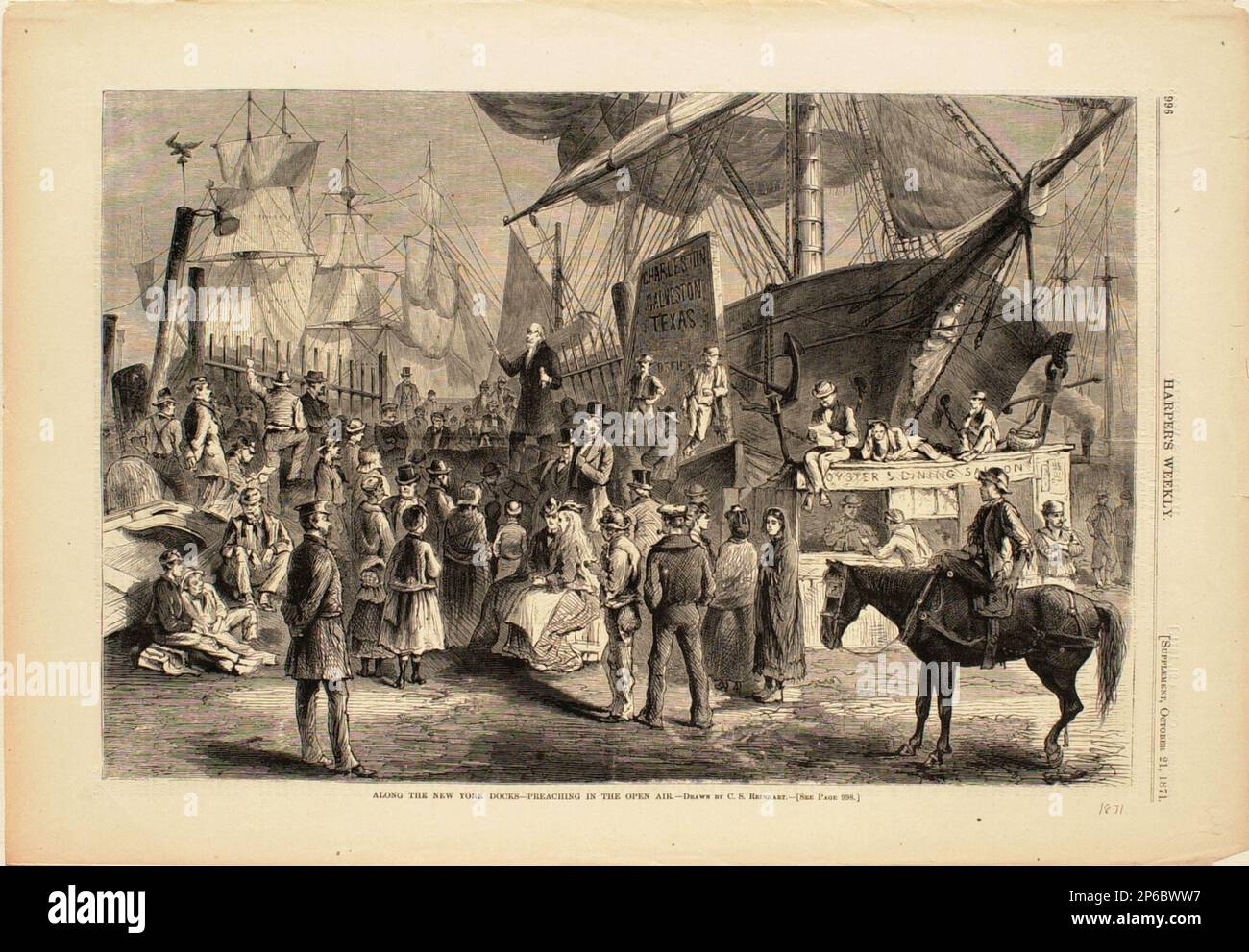 Charles Stanley Reinhart, lungo i moli di New York—predicando all'aria aperta, 1871, incisione del legno su carta. Foto Stock