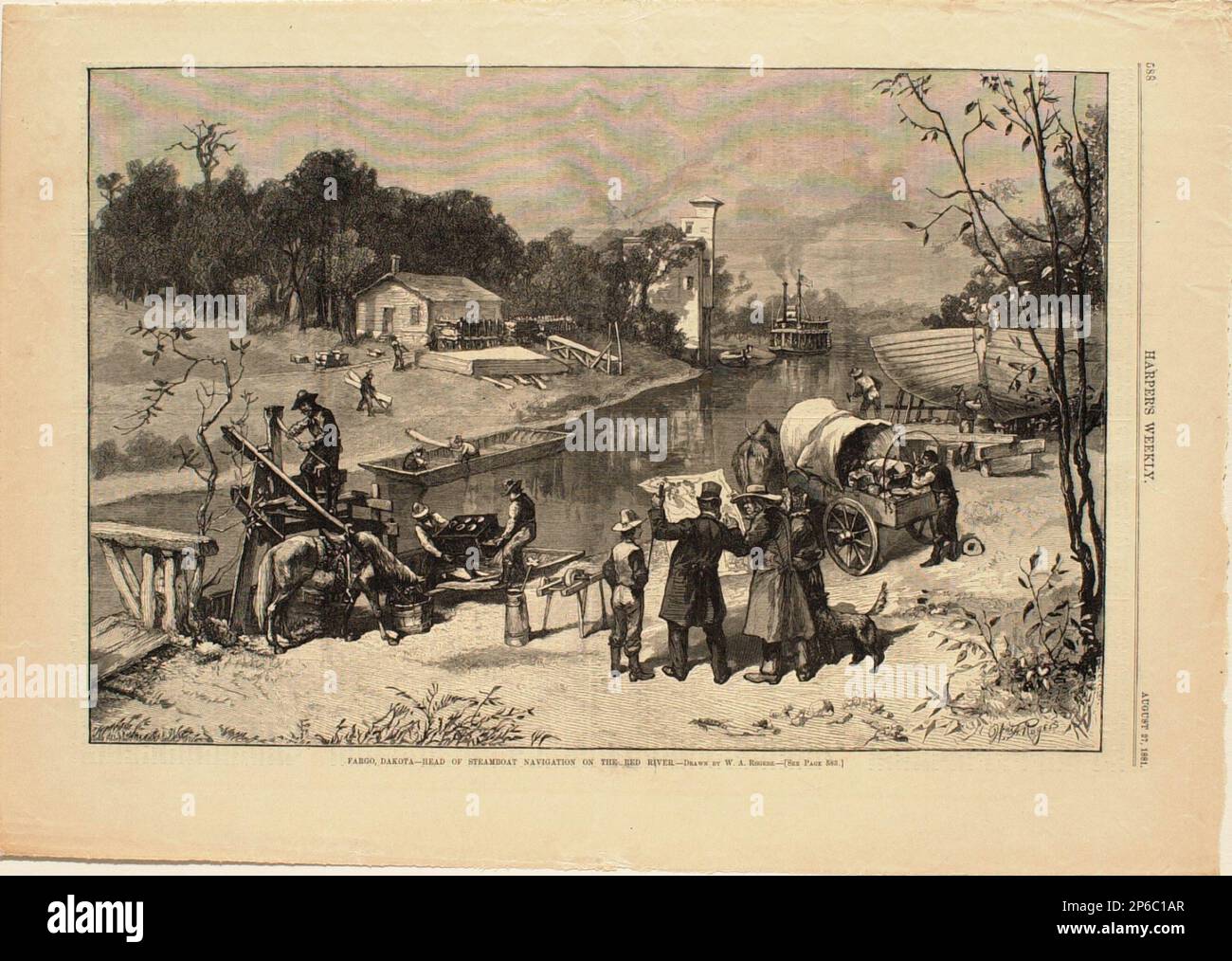 William Allen Rogers, Fargo, Dakota—responsabile della navigazione in battello a vapore sul fiume Rosso, 1881, incisione in legno su carta. Foto Stock