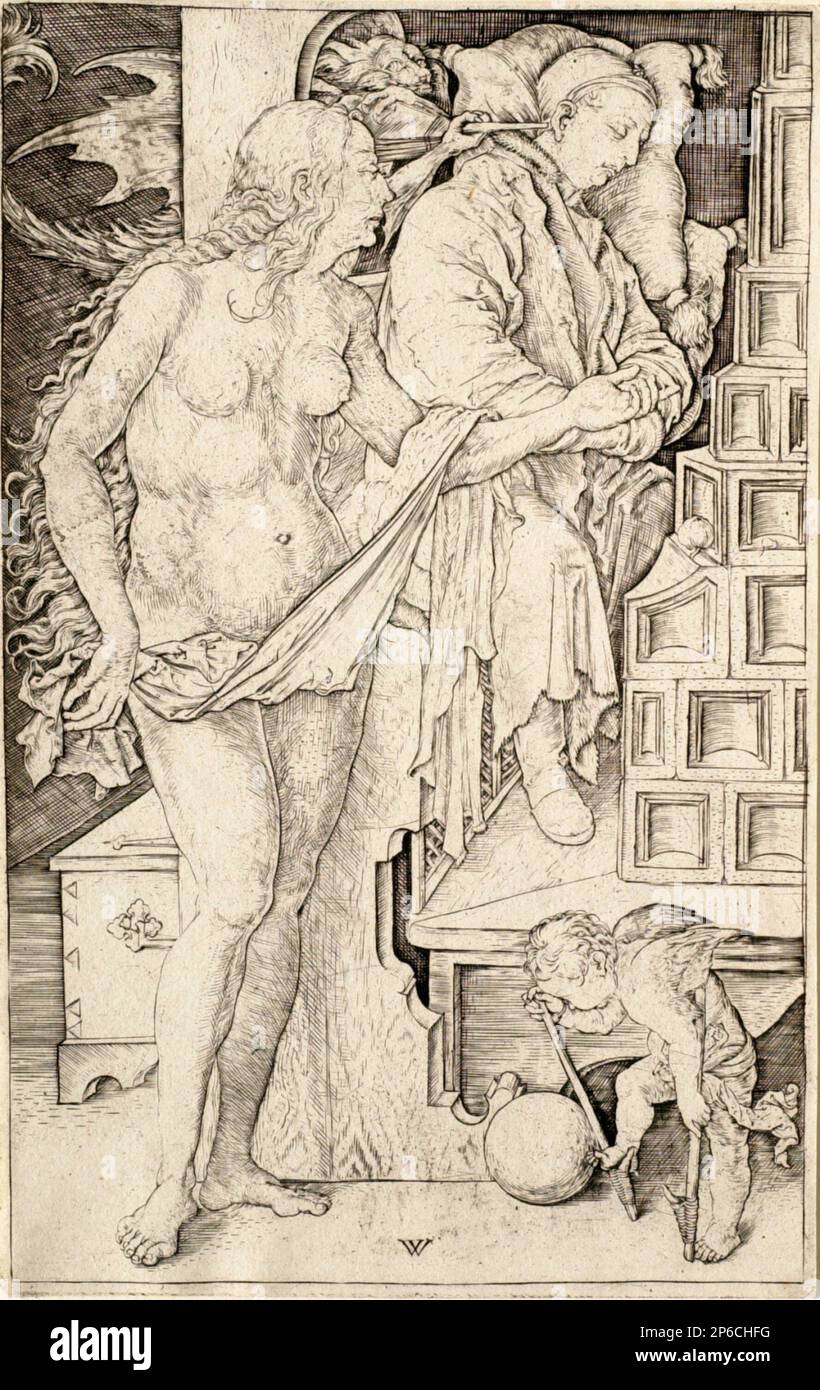 Wenzel von Olmütz, il sogno del dottore, circa 1500, incisione su carta. Foto Stock