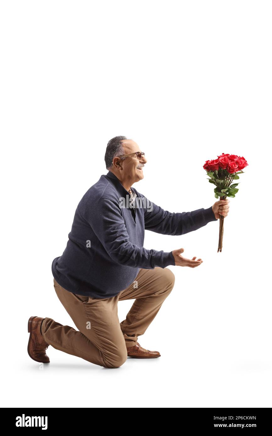 Immagine a profilo intero di un uomo maturo che tiene un mazzo di rose rosse e che si inginocchia isolato su sfondo bianco Foto Stock