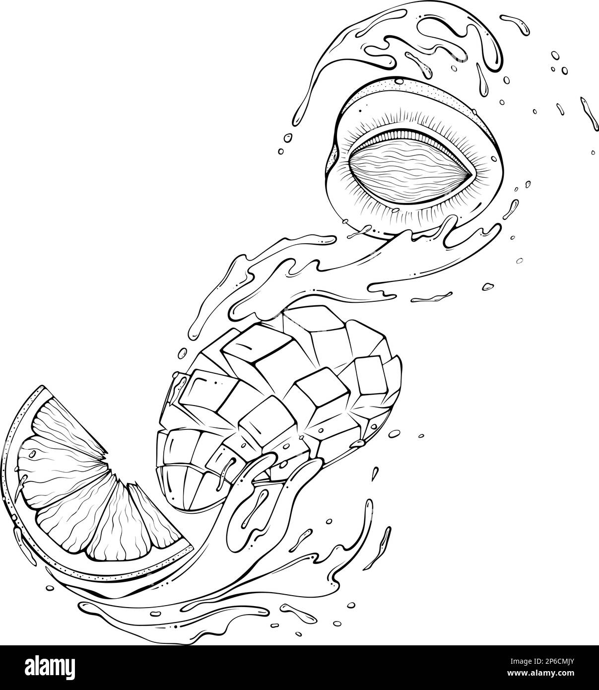 Frutti volanti con spruzzi d'acqua linea d'arte Illustrazione Vettoriale