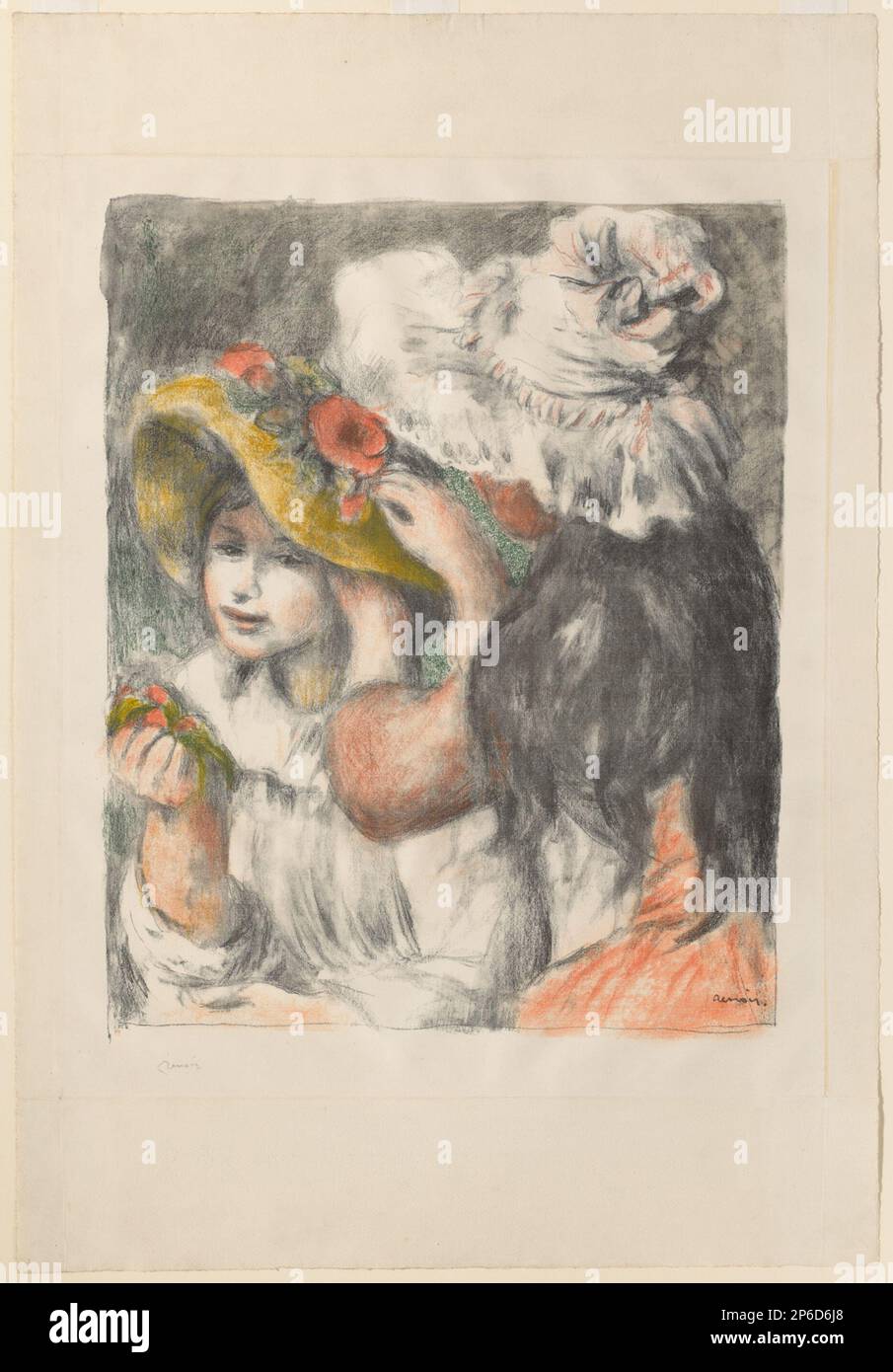 Pierre-Auguste Renoir, Pinning the Hat: Secondo piatto, c. 1898, litografia stampata in nero, grigio, arancione, verde, senape, ruggine, e rosa su carta deposta crema. Foto Stock