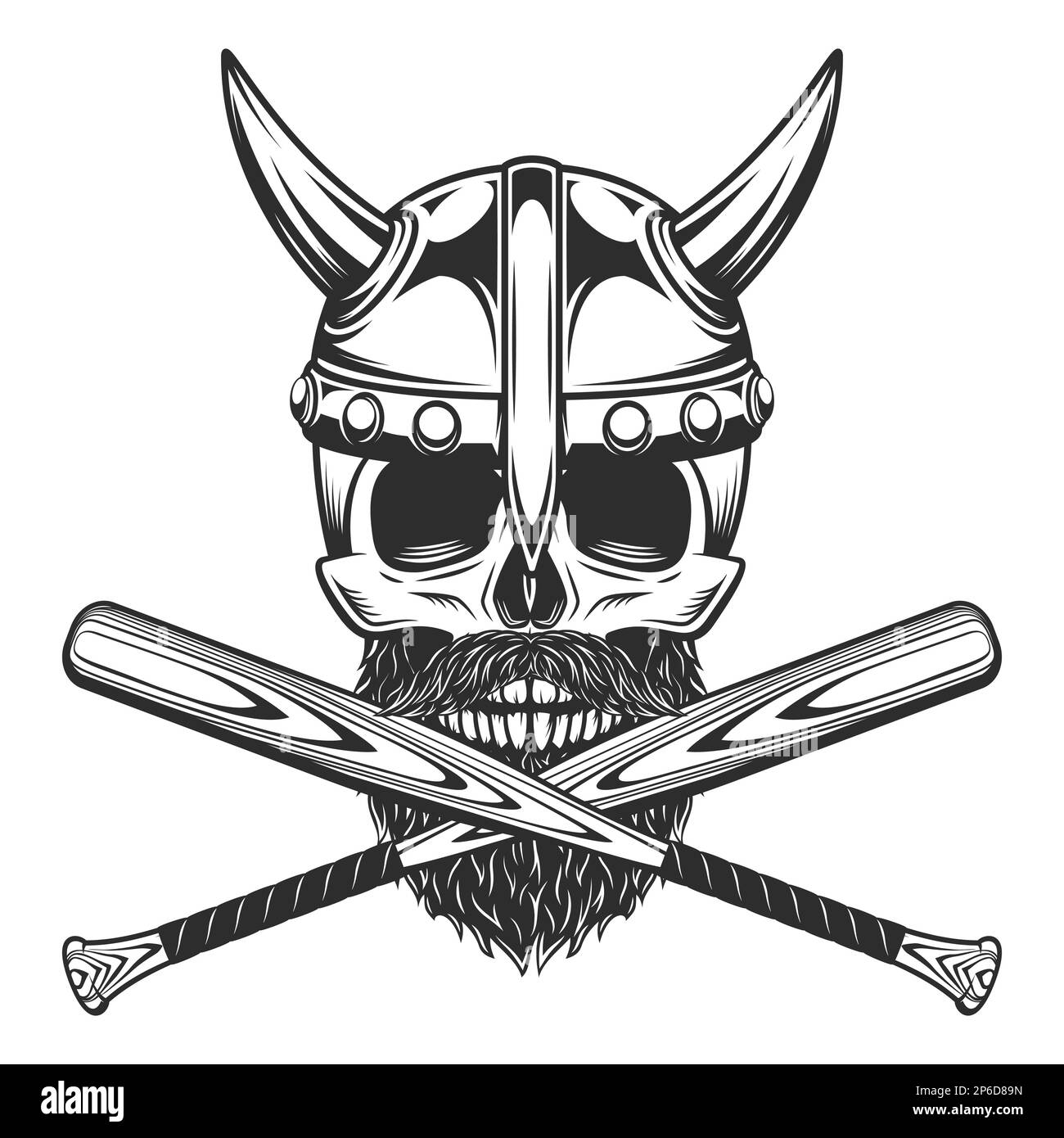 Cranio vichingo in casco cornato con barba e baffi con emblema da baseball mazza da club modello in stile monocromatico vintage Foto Stock Cranio vichingo in casco cornato con barba e baffi con emblema da baseball mazza da club modello in stile monocromatico vintage Foto Stock